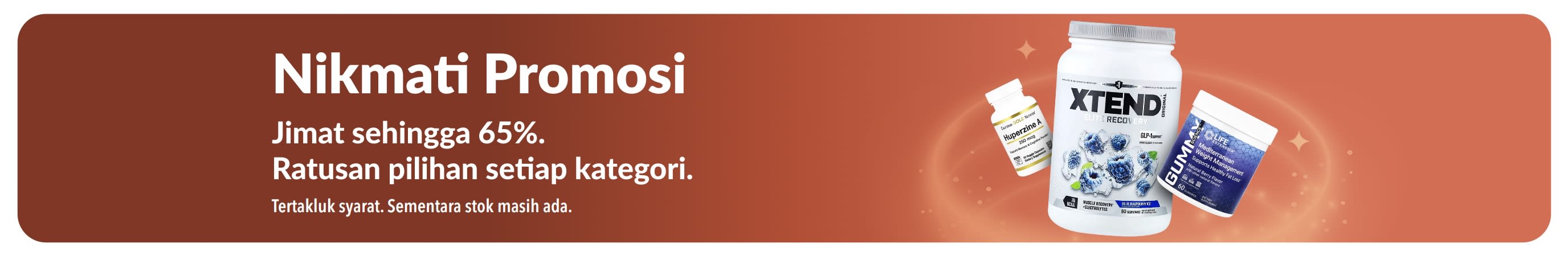 Sepanduk Nikmati Promosi iHerb dengan diskaun sehingga 65% bagi semua kategori, paparan produk suplemen dan kesejahteraan. 