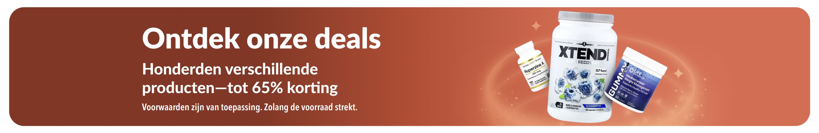 De iHerb ontdek onze Deals-banner promoot kortingen tot wel 65% op diverse categorieën, waaronder supplementen en welzijnsproducten.