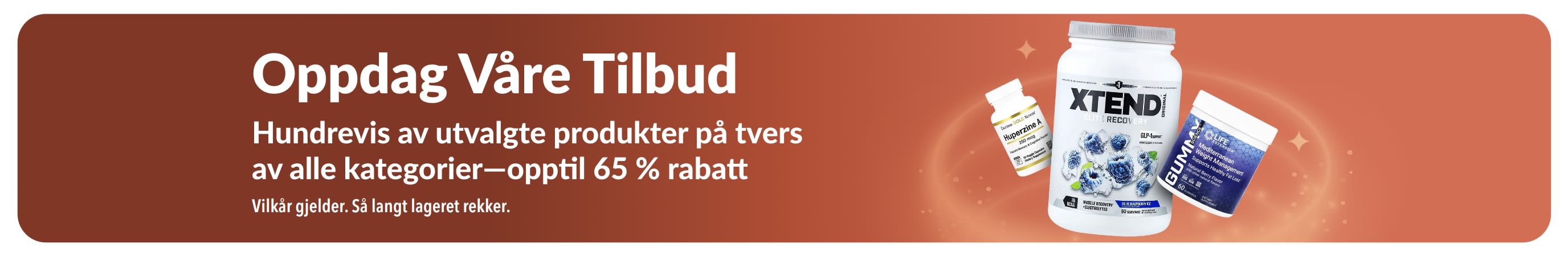 iHerb «Oppdag våre tilbud»-banner som promoterer opptil 65 % rabatt på tvers av kategorier, med kosttilskudd og velværeprodukter.