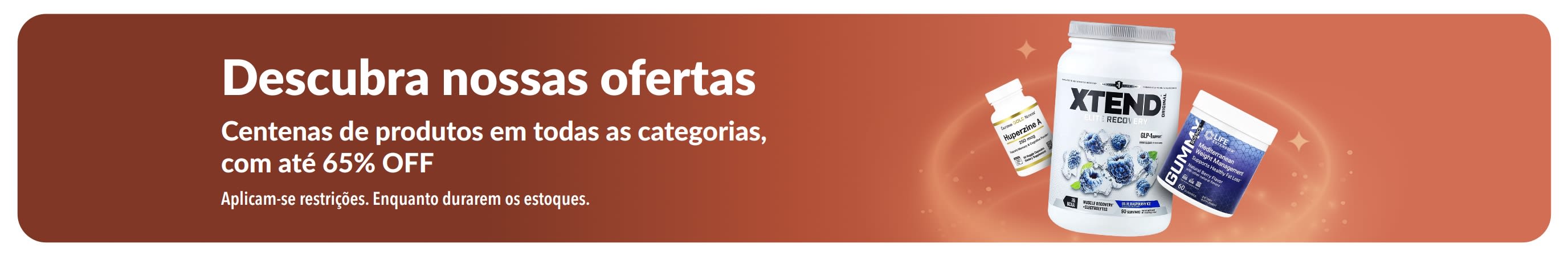 Banner “Descubra nossas ofertas” da iHerb promovendo até 65% OFF em diversas categorias, com destaque para suplementos e produtos de bem-estar.