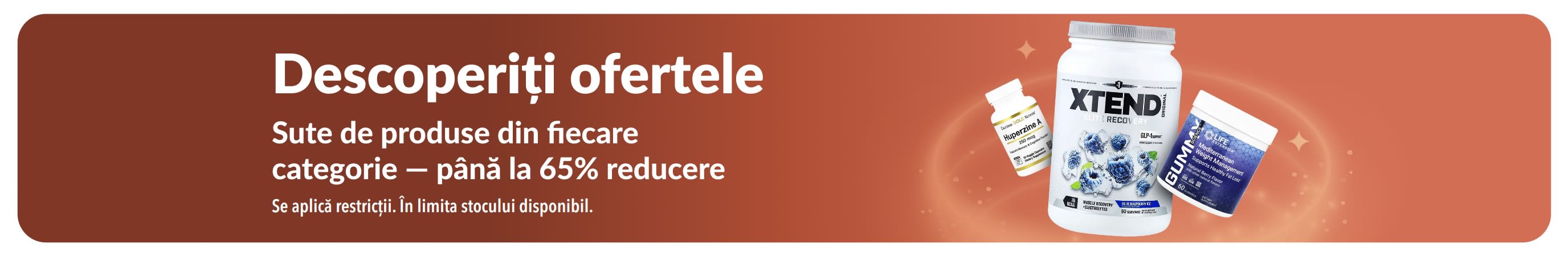 Banner iHerb „Descoperiți ofertele” cu până la 65% reducere la diverse categorii, ca suplimentele și produsele de wellness.