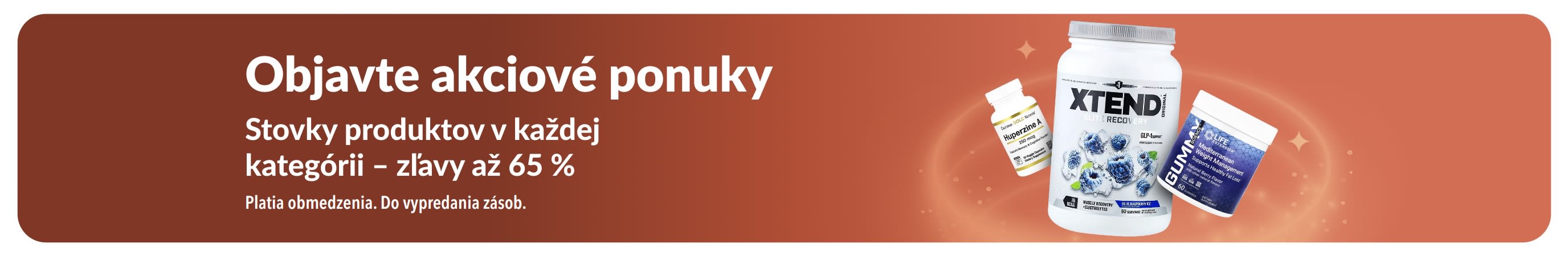 iHerb baner Objavte akciové ponuky so zľavou až 65 % naprieč kategóriami zobrazujúci výživové doplnky