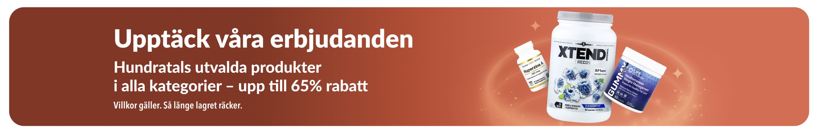iHerb-banner med rubriken ”Upptäck våra erbjudanden” som marknadsför upp till 65% rabatt i alla kategorier, med fokus på kosttillskott och hälsoprodukter.