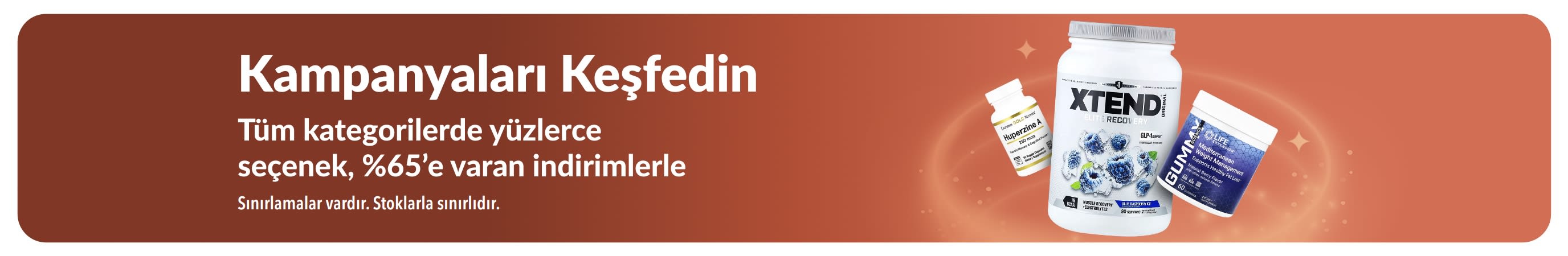 Takviye ve zindelik ürünlerinin yer aldığı, kategoriler genelinde %65’e varan indirimleri öne çıkaran iHerb “Kampanyaları Keşfedin” banner’ı.