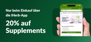 Werbe-Banner der iHerb-App: 20% Rabatt auf Nahrungsergänzungsmittel mit dem Code APREUAPP, nur für kurze Zeit.