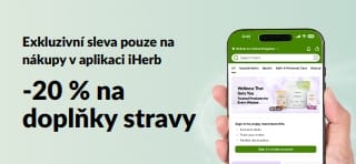 Banner propagující časově omezenou 20% slevu na nákup doplňků stravy v aplikaci iHerb s kódem JUNEUAPP.