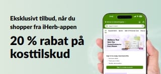 iHerb-app-kampagnebanner med 20 % rabat på kosttilskud med koden JUNEUAPP, i begrænset tid.