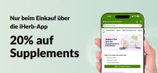 Werbe-Banner der iHerb-App: 20% Rabatt auf Nahrungsergänzungsmittel mit dem Code JUNEUAPP, nur für kurze Zeit.