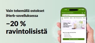 iHerb-sovelluksen tarjousbanneri, joka tarjoaa −20 % ravintolisistä koodilla JUNEUAPP, rajoitetun ajan.