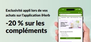 Offre sur l’application iHerb : -20 % sur les compléments alimentaires avec le code JUNEUAPP, pour une durée limitée.