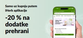 iHerb promotivni reklamni natpis: 20 % popusta na dodatke prehrani uz kod JUNEUAPP, ponuda je vremenski ograničena.
