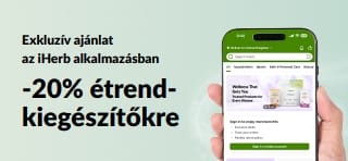iHerb alkalmazás promóciós banner, amely 20% kedvezményt kínál étrend-kiegészítőkre az JUNEUAPP kóddal, korlátozott ideig.
