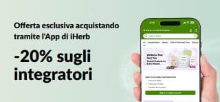 Banner promozionale di iHerb che offre il 20% di sconto sugli integratori utilizzando il codice JUNEUAPP, per un periodo limitato.