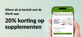 Promotiebanner in de iHerb-app met 20% korting op supplementen met de code JUNEUAPP, tijdelijke actie.