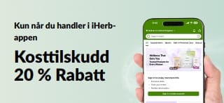 Kampanjebanner for iHerb-appen: 20 % rabatt på kosttilskudd med koden JUNEUAPP, i en begrenset periode.
