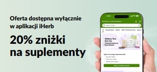 Baner promocyjny aplikacji iHerb oferujący 20% zniżki na suplementy z kodem JUNEUAPP, oferta ograniczona czasowo.