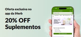Banner promocional do app da iHerb com 20% OFF em suplementos usando o código JUNEUAPP, por tempo limitado.