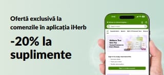 Banner promoțional cu aplicația iHerb, cu 20% reducere la suplimente cu codul JUNEUAPP, pentru o perioadă limitată.