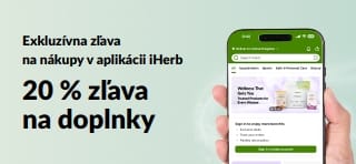 Baner iHerb, ktorý propaguje časovo obmedzenú 20 % zľavu na doplnky pri nákupe v aplikácii s kódom JUNEUAPP.