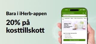 Kampanjbanner för iHerb-appen som erbjuder 20% på kosttillskott med koden JUNEUAPP, under begränsad tid