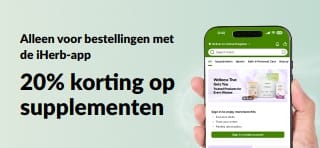Promotiebanner in de iHerb-app met 20% korting op supplementen met de code APPFLASH20, tijdelijke actie.