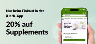 iHerb App-Werbebanner mit 20% Rabatt auf Nahrungsergänzungsmittel mit Code JULEUAPP, zeitlich begrenzt.