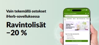 iHerb-sovelluksen tarjousbanneri, joka tarjoaa −20 % ravintolisistä koodilla JULEUAPP, rajoitetun ajan.