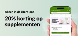 Promotiebanner in de iHerb-app met 20% korting op supplementen met de code JULEUAPP, tijdelijke actie.