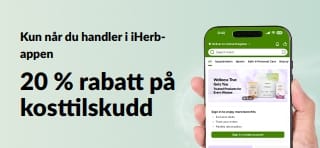 Kampanjebanner for iHerb-appen: 20 % rabatt på kosttilskudd med koden JULEUAPP, i en begrenset periode.
