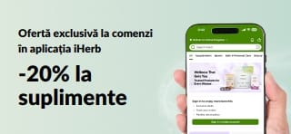 Banner promoțional cu aplicația iHerb, cu 20% reducere la suplimente cu codul JULEUAPP, pentru o perioadă limitată.