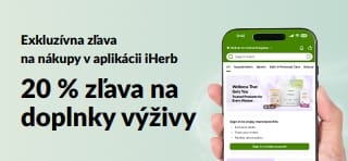Baner iHerb, ktorý propaguje časovo obmedzenú 20 % zľavu na doplnky pri nákupe v aplikácii s kódom JULEUAPP.