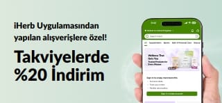 JULEUAPP koduyla takviyelerde sınırlı süreli %20 indirim sunan iHerb uygulama promosyon bannerı.