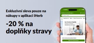 Banner propagující časově omezenou 20% slevu na nákup doplňků stravy v aplikaci iHerb s kódem APPSUPPS20.
