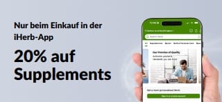iHerb App-Werbebanner mit 20% Rabatt auf Nahrungsergänzungsmittel mit Code APPSUPPS20, zeitlich begrenzt.