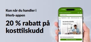 Kampanjebanner for iHerb-appen: 20 % rabatt på kosttilskudd med koden APPSUPPS20, i en begrenset periode.