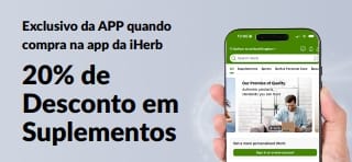 Banner de promoção sobre a app da iHerb a oferecer 20% de desconto em suplementos com o código APPSUPPS20, por tempo limitado.