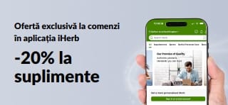 Banner promoțional cu aplicația iHerb, cu 20% reducere la suplimente cu codul APPSUPPS20, pentru o perioadă limitată.