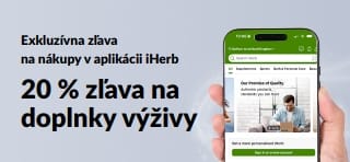 Baner iHerb, ktorý propaguje časovo obmedzenú 20 % zľavu na doplnky pri nákupe v aplikácii s kódom APPSUPPS20.