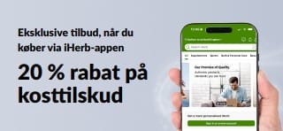 iHerb-app-kampagnebanner med 20 % rabat på kosttilskud med koden APPSUPPS20, i begrænset tid.