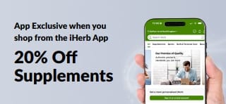 iHerb app promo banner offering 20% off supplements with code APPSUPPS20, limited time.