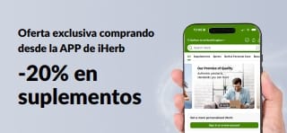 Banner promocional sobre la app de iHerb, ofreciendo un -20% en suplementos con el código APPSUPPS20, por tiempo limitado.