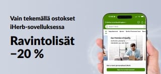 iHerb-sovelluksen tarjousbanneri, joka tarjoaa −20 % ravintolisistä koodilla APPSUPPS20, rajoitetun ajan.