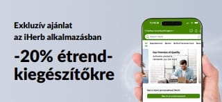 iHerb alkalmazás promóciós banner, amely 20% kedvezményt kínál étrend-kiegészítőkre az APPSUPPS20 kóddal, korlátozott ideig.