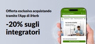 Banner promozionale di iHerb che offre il 20% di sconto sugli integratori utilizzando il codice APPSUPPS20, per un periodo limitato.