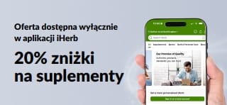 Baner promocyjny aplikacji iHerb oferujący 20% zniżki na suplementy z kodem APPSUPPS20, oferta ograniczona czasowo.