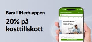 Kampanjbanner för iHerb-appen som erbjuder 20% på kosttillskott med koden APPSUPPS20, under begränsad tid