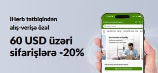 APP20EXC kodu ilə $60 USD üzəri alış-verişə 20% endirim təklif edən məhdud müddətli iHerb tətbiqi reklam banneri.