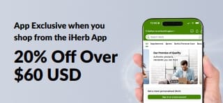 iHerb app promo banner offering 20% off over $60 USD with code APP20EXC, limited time.