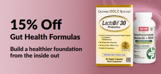 Banner promoting 15% off gut health formulas with code APR26GUT, featuring products.