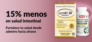 Banner que promociona un 15% de descuento en salud intestinal con el código APR26GUT.